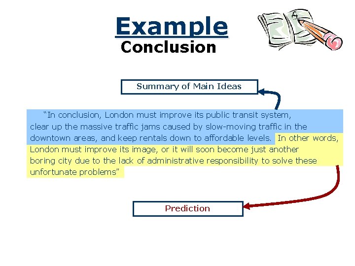 Example Conclusion Summary of Main Ideas “In conclusion, London must improve its public transit