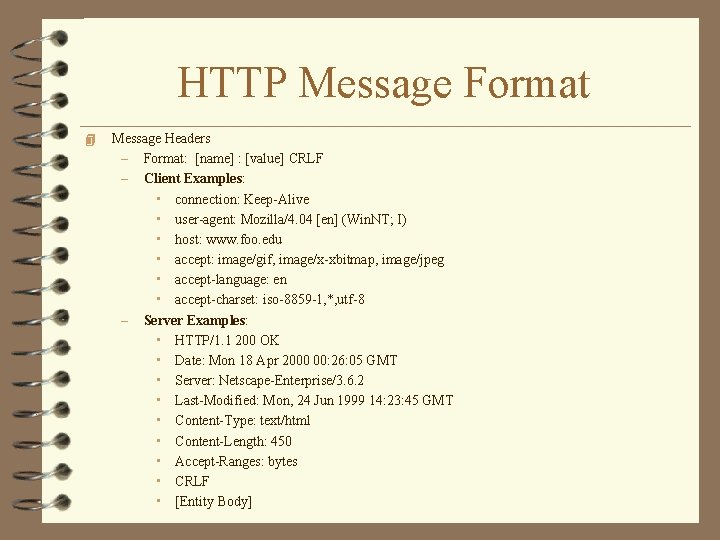 HTTP Message Format 4 Message Headers – Format: [name] : [value] CRLF – Client