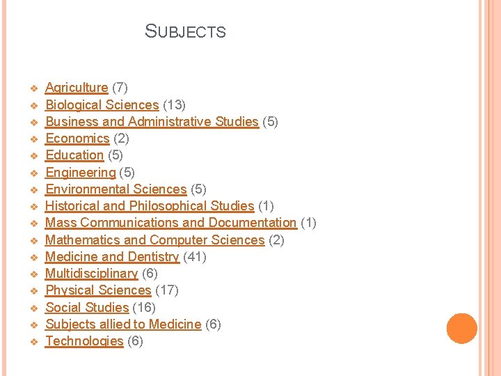SUBJECTS v v v v Agriculture (7) Biological Sciences (13) Business and Administrative Studies