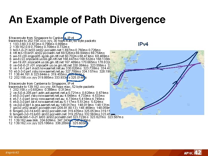 An Example of Path Divergence $ traceroute from Singapore to Canberra, IPv 4 traceroute