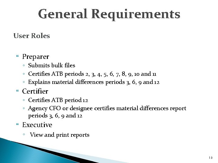 General Requirements User Roles Preparer ◦ Submits bulk files ◦ Certifies ATB periods 2,