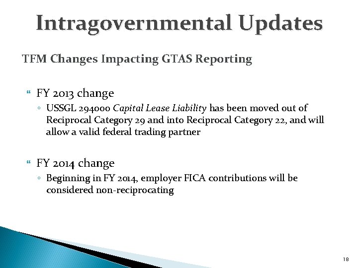 Intragovernmental Updates TFM Changes Impacting GTAS Reporting FY 2013 change ◦ USSGL 294000 Capital
