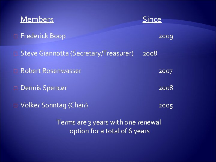 Members Since � Frederick Boop 2009 � Steve Giannotta (Secretary/Treasurer) � Robert Rosenwasser 2007