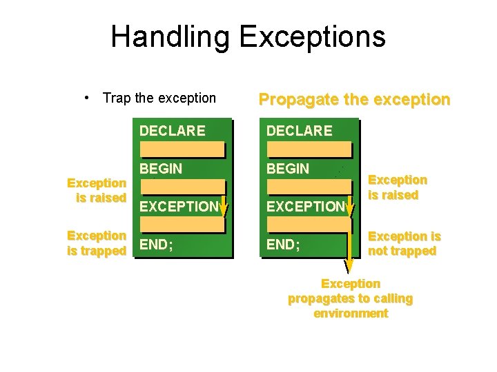 Handling Exceptions • Trap the exception Exception is raised Exception is trapped Propagate the