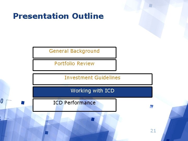 Presentation Outline General Background Portfolio Review Investment Guidelines Working with ICD Performance 21 