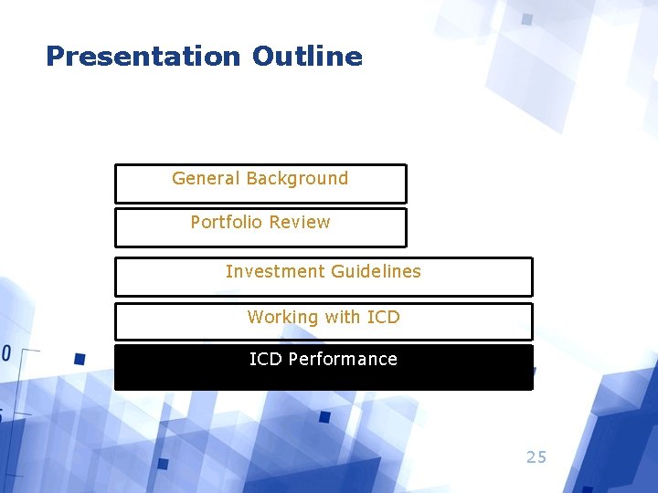 Presentation Outline General Background Portfolio Review Investment Guidelines Working with ICD Performance 25 