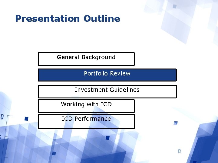 Presentation Outline General Background Portfolio Review Investment Guidelines Working with ICD Performance 8 