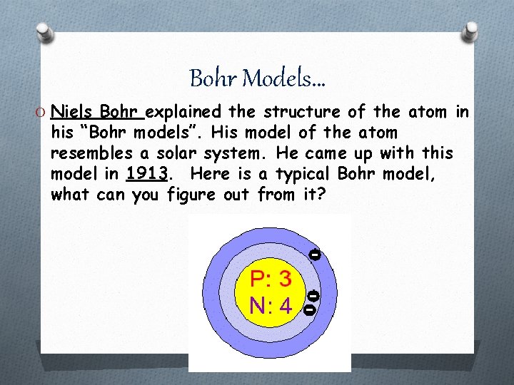 Bohr Models… O Niels Bohr explained the structure of the atom in his “Bohr