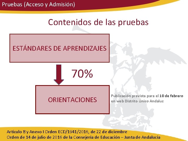 Pruebas (Acceso y Admisión) Contenidos de las pruebas ESTÁNDARES DE APRENDIZAJES 70% ORIENTACIONES Publicación