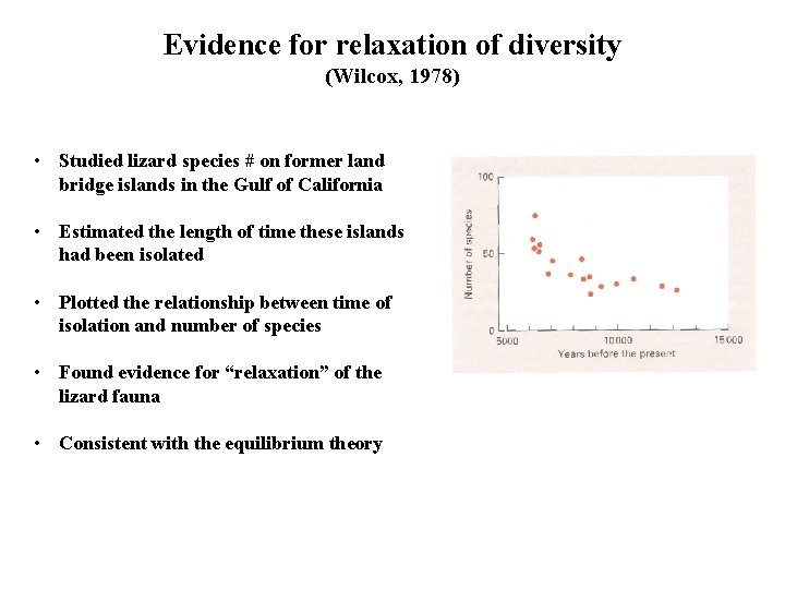 Evidence for relaxation of diversity (Wilcox, 1978) • Studied lizard species # on former