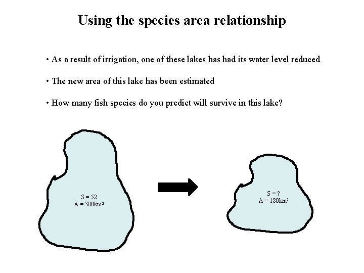 Using the species area relationship • As a result of irrigation, one of these