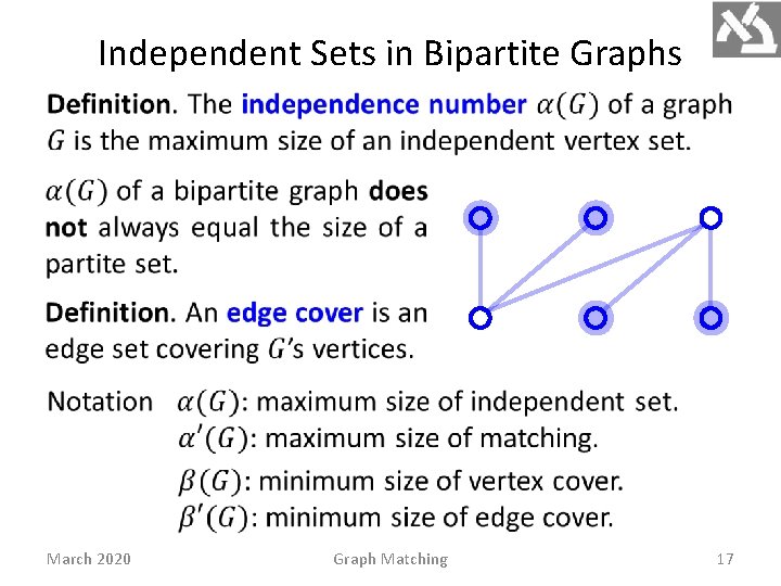 Independent Sets in Bipartite Graphs March 2020 Graph Matching 17 