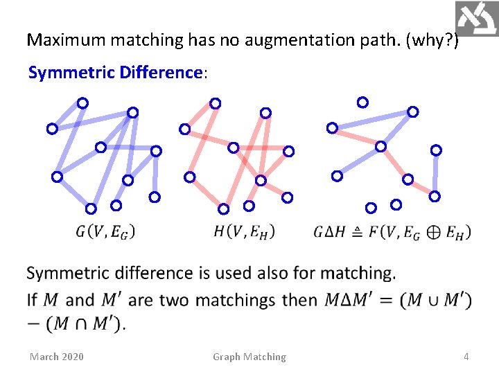 Maximum matching has no augmentation path. (why? ) Symmetric Difference: March 2020 Graph Matching