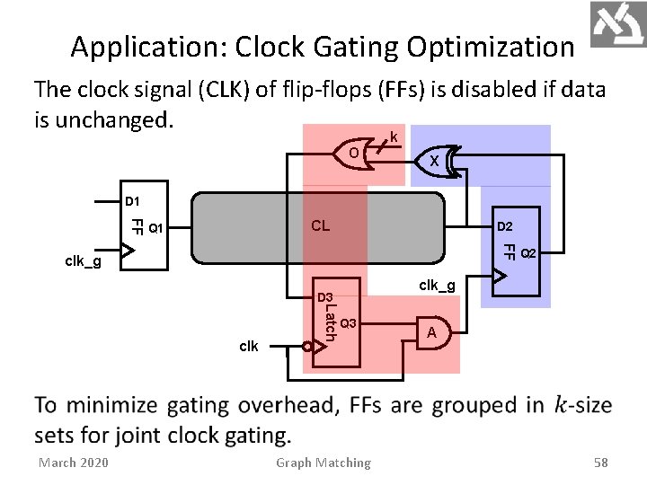 Application: Clock Gating Optimization The clock signal (CLK) of flip-flops (FFs) is disabled if