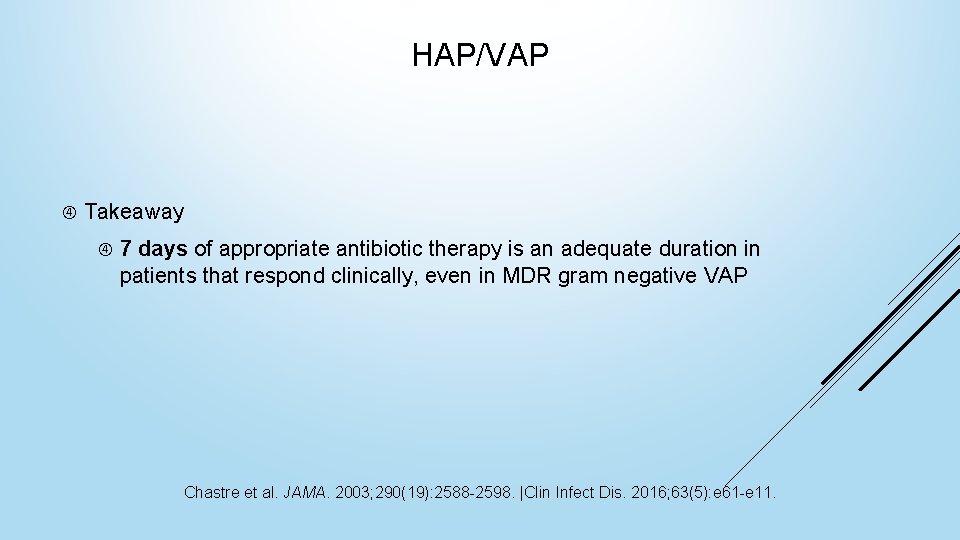 HAP/VAP Takeaway 7 days of appropriate antibiotic therapy is an adequate duration in patients