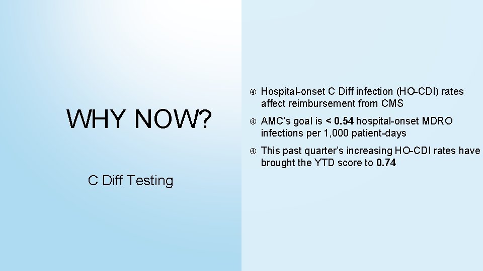 WHY NOW? C Diff Testing Hospital-onset C Diff infection (HO-CDI) rates affect reimbursement from