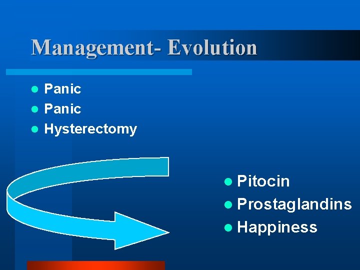 Management- Evolution Panic l Hysterectomy l l Pitocin l Prostaglandins l Happiness 