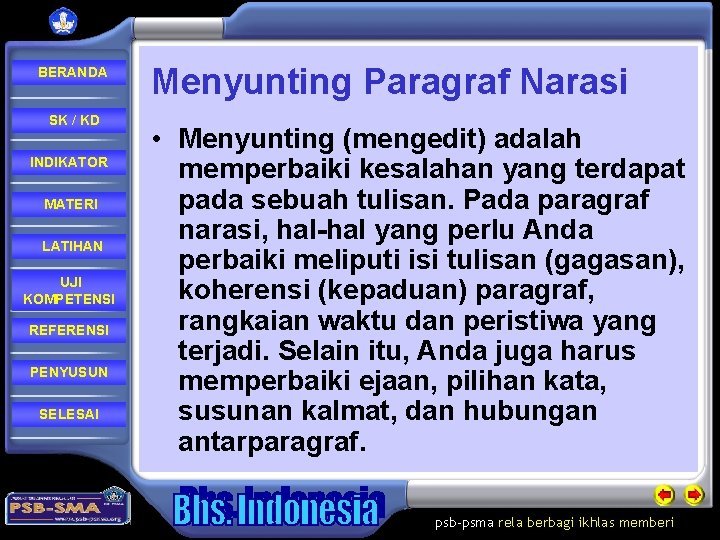 BERANDA SK / KD INDIKATOR MATERI LATIHAN UJI KOMPETENSI REFERENSI PENYUSUN SELESAI Menyunting Paragraf