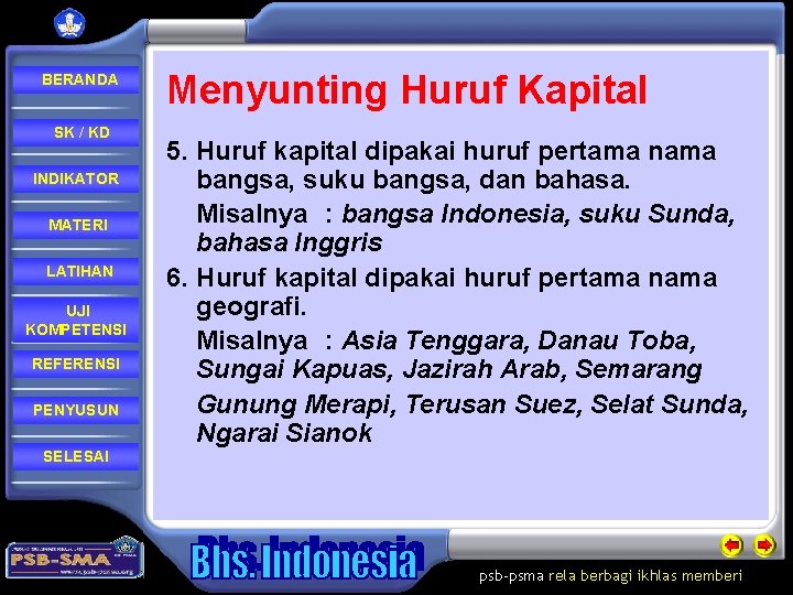 BERANDA SK / KD INDIKATOR MATERI LATIHAN UJI KOMPETENSI REFERENSI PENYUSUN Menyunting Huruf Kapital