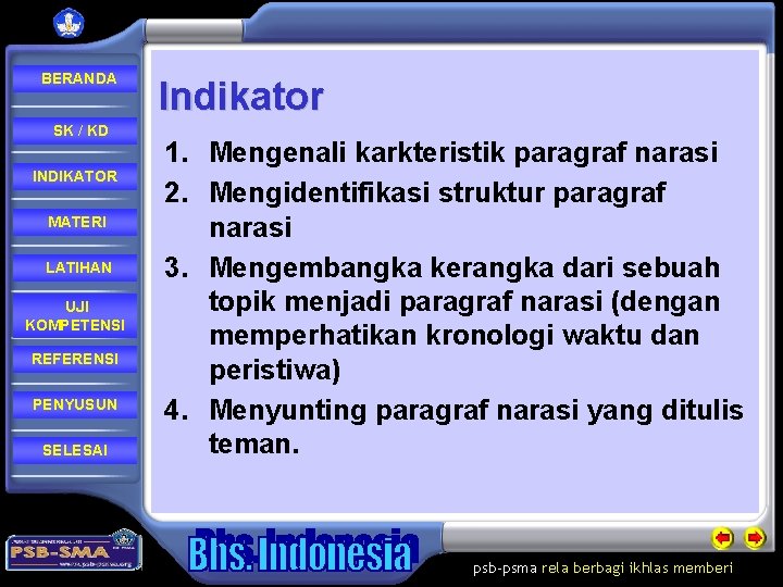 BERANDA SK / KD INDIKATOR MATERI LATIHAN UJI KOMPETENSI REFERENSI PENYUSUN SELESAI Indikator 1.