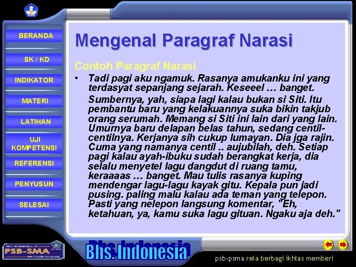 BERANDA SK / KD INDIKATOR MATERI LATIHAN UJI KOMPETENSI REFERENSI PENYUSUN SELESAI Mengenal Paragraf