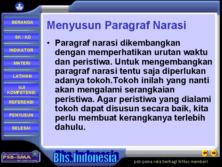 BERANDA SK / KD INDIKATOR MATERI LATIHAN UJI KOMPETENSI REFERENSI PENYUSUN SELESAI Menyusun Paragraf