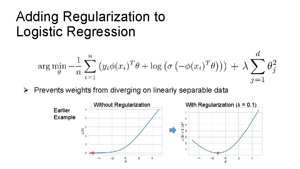Adding Regularization to Logistic Regression Ø Prevents weights from diverging on linearly separable data