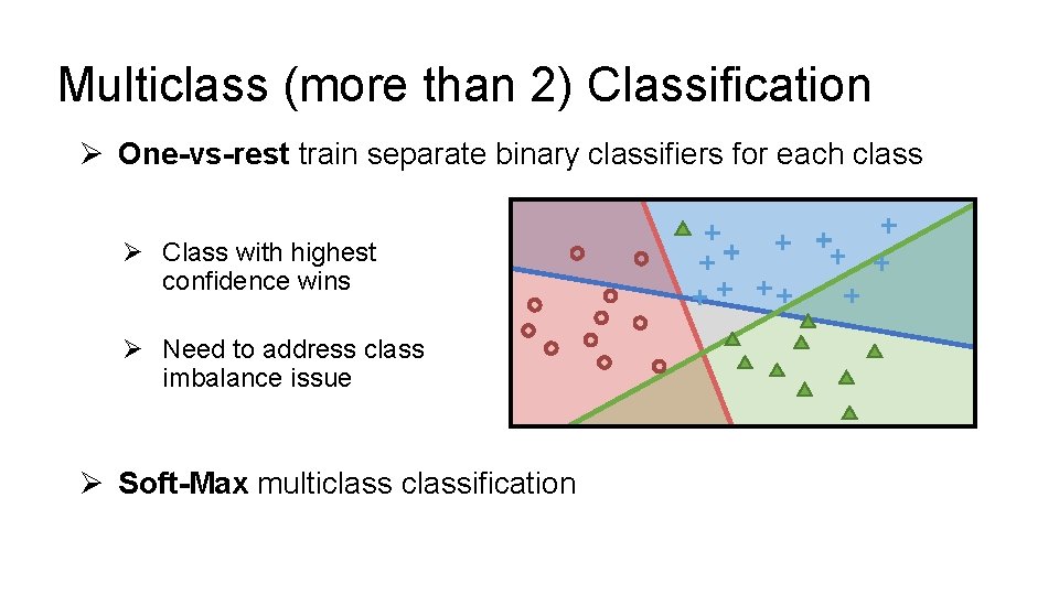 Multiclass (more than 2) Classification Ø One-vs-rest train separate binary classifiers for each class