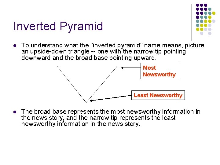 Inverted Pyramid l To understand what the "inverted pyramid" name means, picture an upside-down