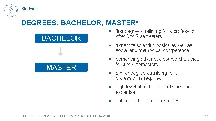 Studying DEGREES: BACHELOR, MASTER* BACHELOR § first degree qualifying for a profession after 6