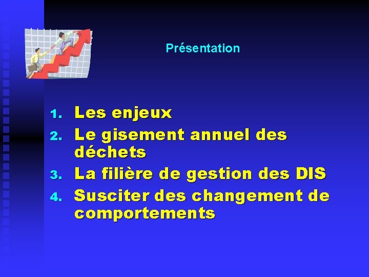 Présentation 1. 2. 3. 4. Les enjeux Le gisement annuel des déchets La filière