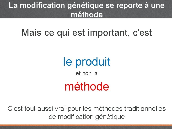 La modification génétique se reporte à une méthode Mais ce qui est important, c'est