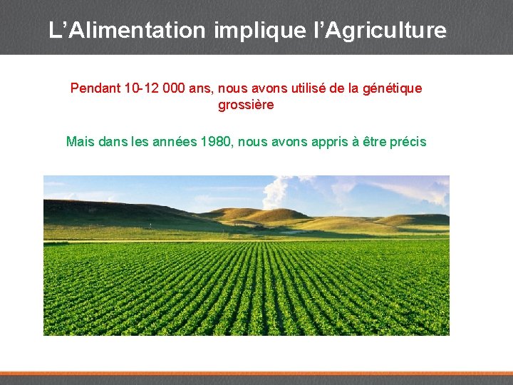 L’Alimentation implique l’Agriculture Pendant 10 -12 000 ans, nous avons utilisé de la génétique