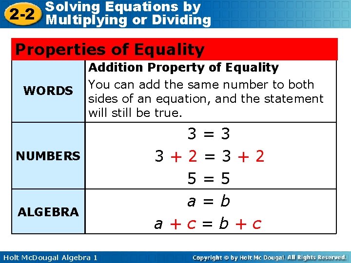 Solving Equations by 2 -2 Multiplying or Dividing Properties of Equality WORDS Addition Property