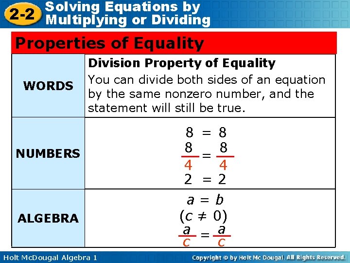 Solving Equations by 2 -2 Multiplying or Dividing Properties of Equality WORDS Division Property
