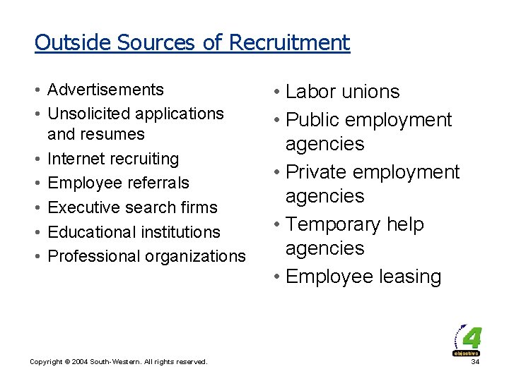 Outside Sources of Recruitment • Advertisements • Unsolicited applications and resumes • Internet recruiting