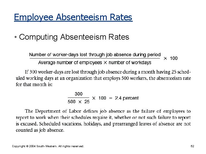 Employee Absenteeism Rates • Computing Absenteeism Rates Copyright © 2004 South-Western. All rights reserved.
