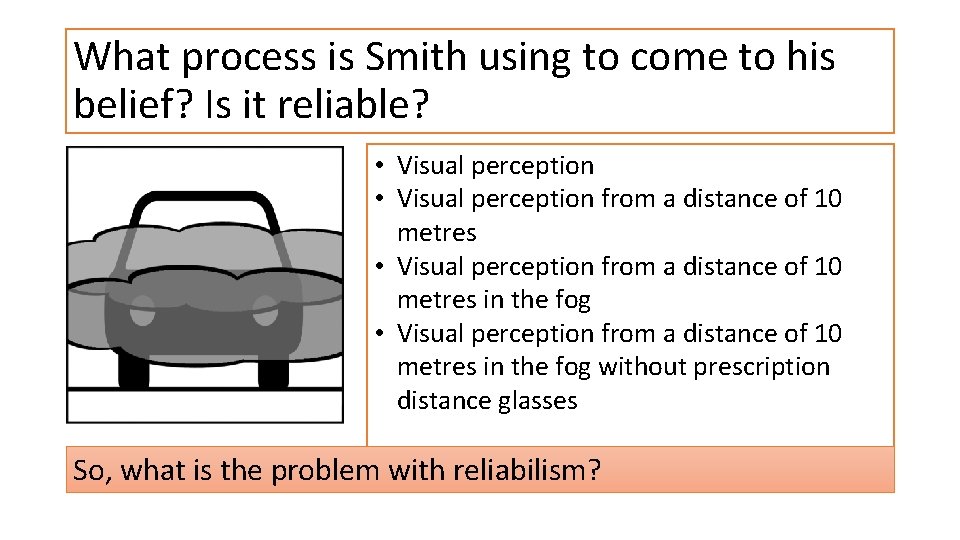 What process is Smith using to come to his belief? Is it reliable? •