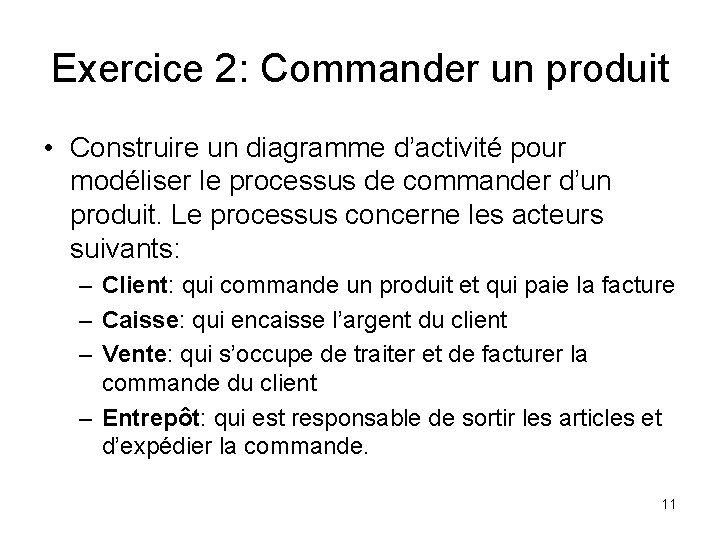 Exercice 2: Commander un produit • Construire un diagramme d’activité pour modéliser le processus