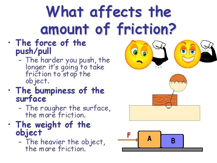 What affects the amount of friction? • The force of the push/pull – The What affects the amount of friction? • The force of the push/pull – The