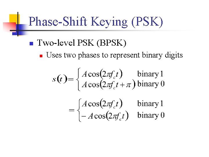 Phase-Shift Keying (PSK) n Two-level PSK (BPSK) n Uses two phases to represent binary