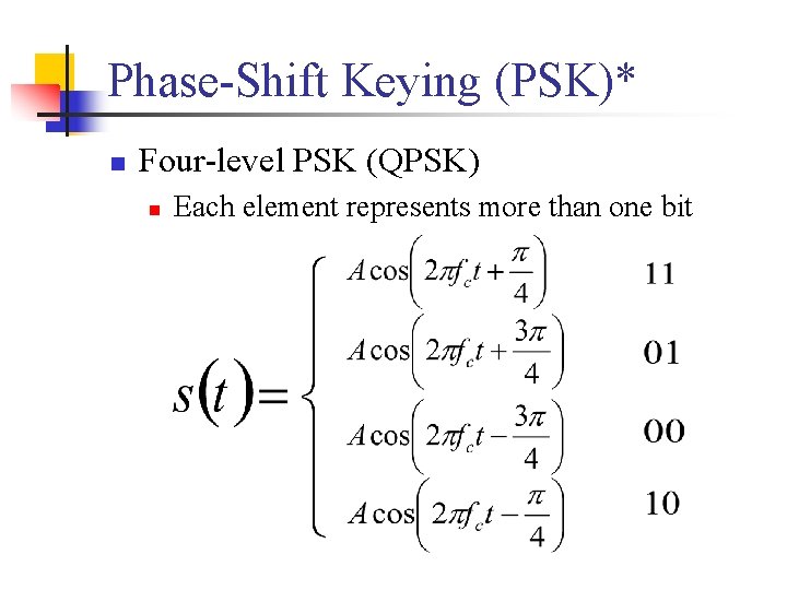 Phase-Shift Keying (PSK)* n Four-level PSK (QPSK) n Each element represents more than one