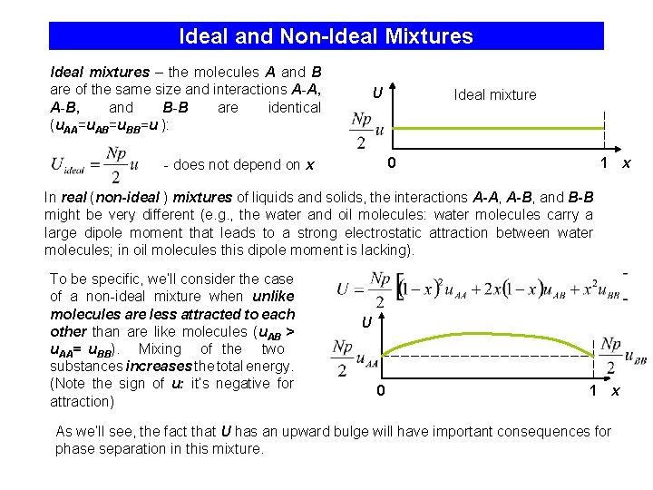 Ideal and Non-Ideal Mixtures Ideal mixtures – the molecules A and B are of