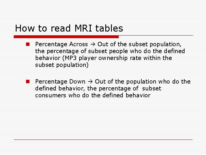 How to read MRI tables n Percentage Across Out of the subset population, the