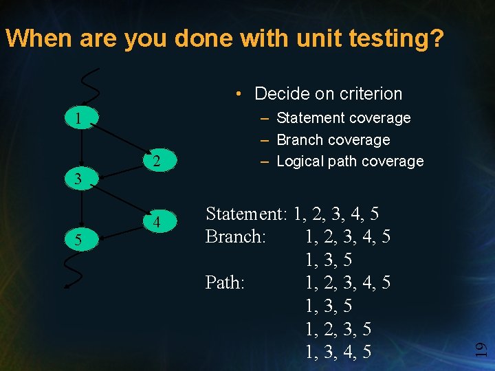 When are you done with unit testing? • Decide on criterion 1 2 –