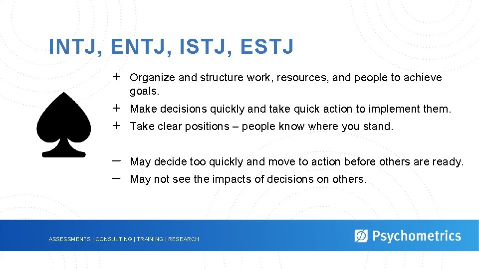 INTJ, ENTJ, ISTJ, ESTJ + + + – – Organize and structure work, resources,
