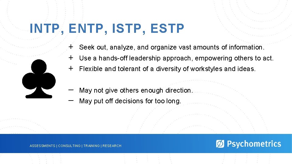 INTP, ENTP, ISTP, ESTP + + + Seek out, analyze, and organize vast amounts