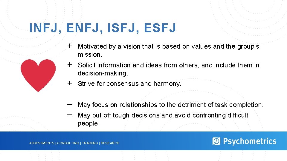 INFJ, ENFJ, ISFJ, ESFJ + + + – – Motivated by a vision that