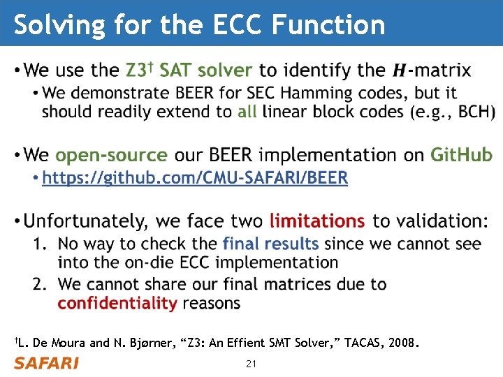 Solving for the ECC Function †L. De Moura and N. Bjørner, “Z 3: An