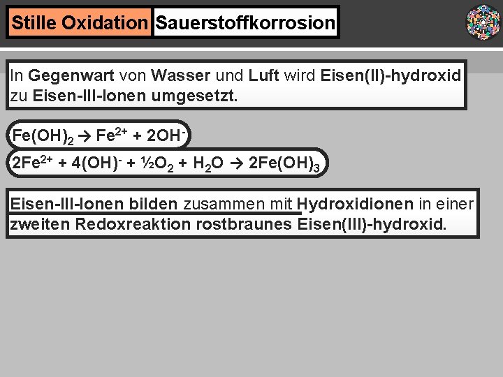 Stille Oxidation Sauerstoffkorrosion In Gegenwart von Wasser und Luft wird Eisen(II)-hydroxid zu Eisen-III-Ionen umgesetzt.